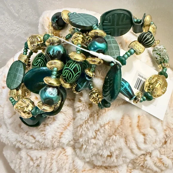 Caliope Beaded 6pc Leather Stretch Bracelet Stack - Green - Picture 3 of 4